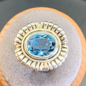 VTG Sterling Silver 925 Blue Topaz Bezel Set Textured Ridged Border Size 8.25